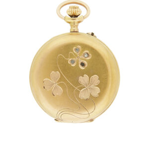 Vintage 14k Yellow Gold Hunter Pendant Pocket Watch w/ Four Leaf Clover Design & Diamond Accent