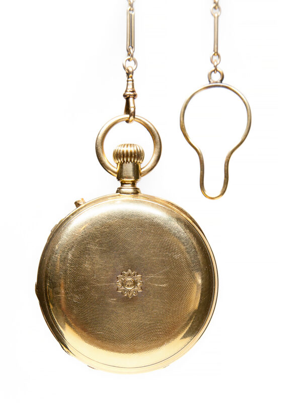 Patek Philippe 18k Yellow Gold 54mm Hunter Case Chronograph Pocket Watch & Chain c. 1875