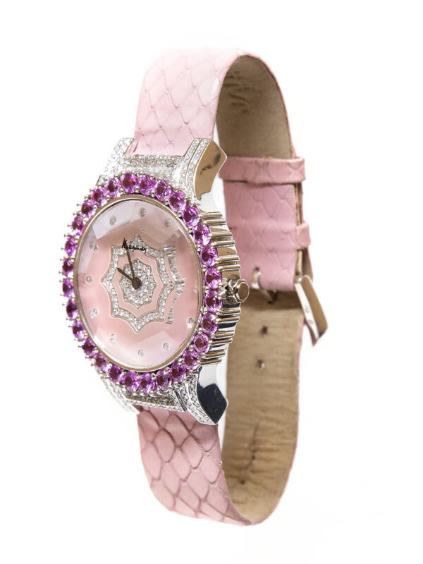 Kutchinsky, 18k White Gold, Diamond lugs & Pink Sapphire bezel Ladys Wristwatch, Mother of pearl dial