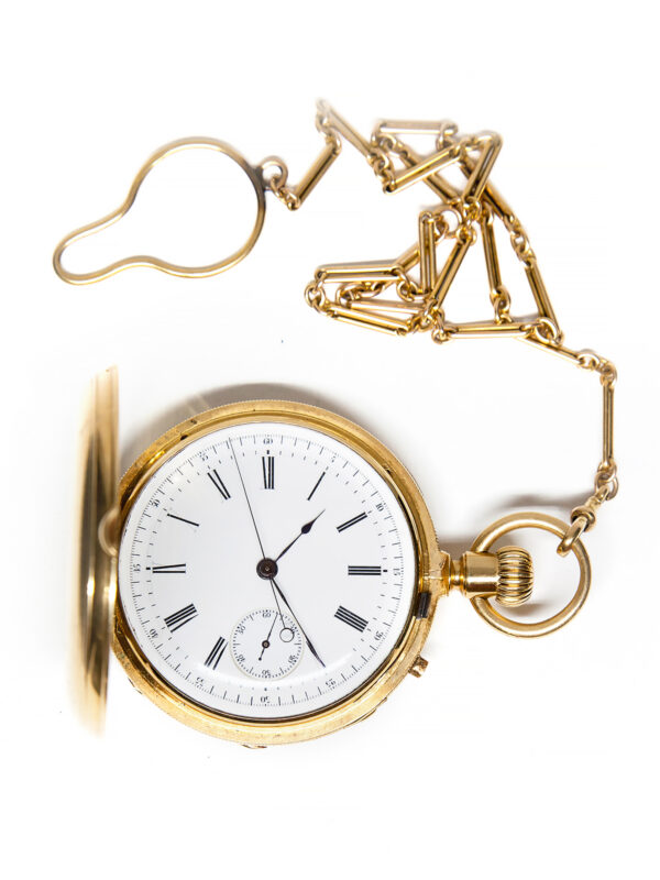 Patek Philippe 18k Yellow Gold 54mm Hunter Case Chronograph Pocket Watch & Chain c. 1875