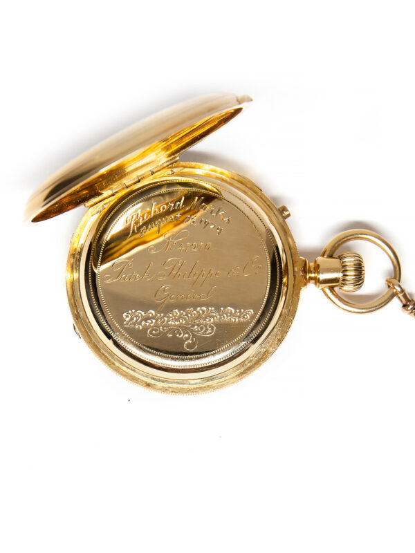 Patek Philippe 18k Yellow Gold 54mm Hunter Case Chronograph Pocket Watch & Chain c. 1875
