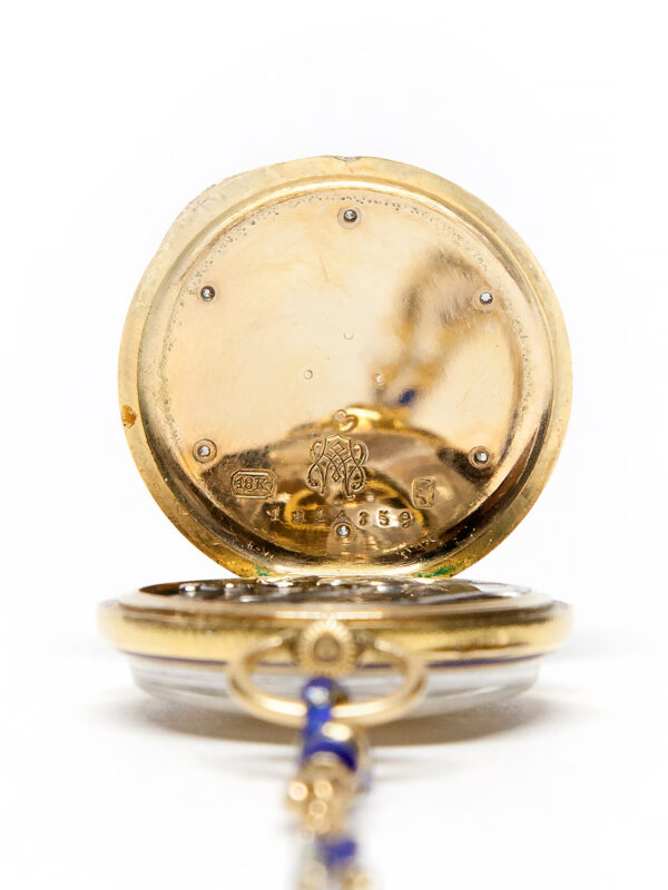 Longines 18k Yellow Gold, Enamel, & Diamond Pendant Watch & Chain c. 1920