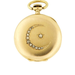 Nicoley Swiss 14k Yellow Gold Open Face Pendant Pocket Watch w/ Diamond Moon & Star Design. c. 1910s