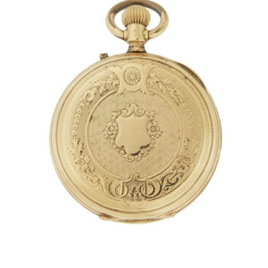 Swiss 14k Yellow Gold Antique Open Face Pocket Watch w/ Decorative Engraved Case Back