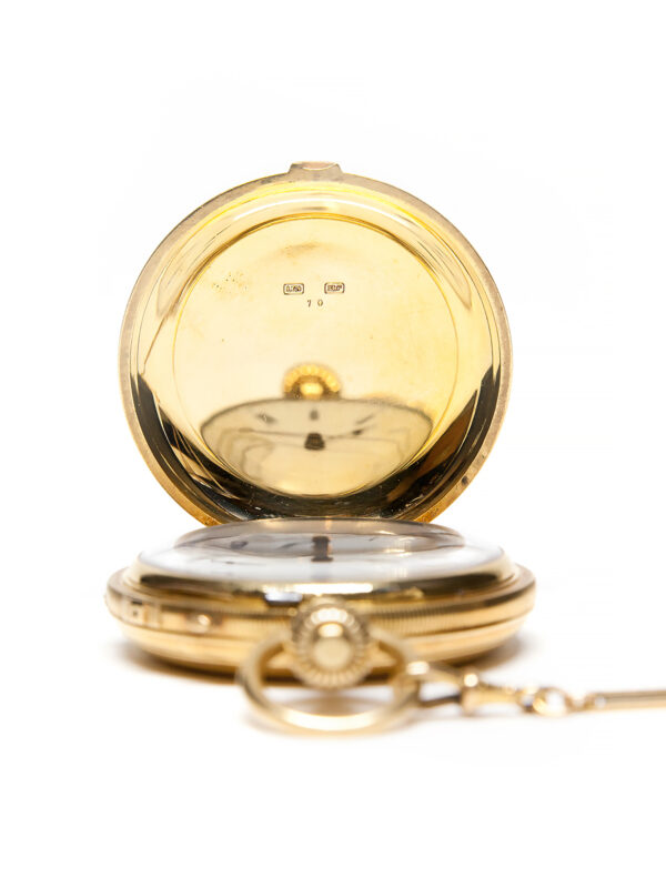 Patek Philippe 18k Yellow Gold 54mm Hunter Case Chronograph Pocket Watch & Chain c. 1875