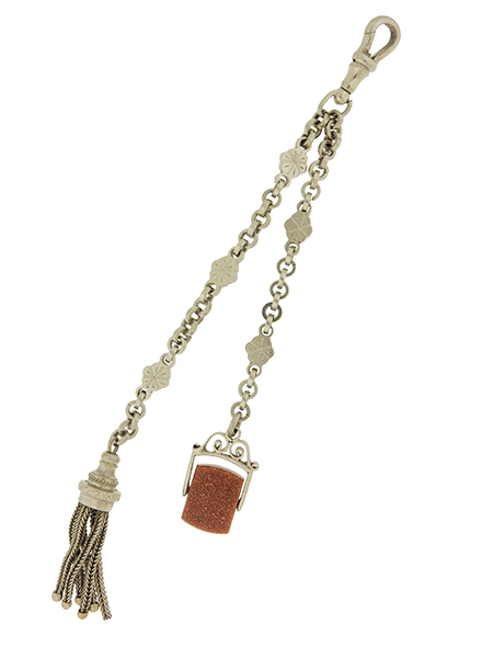 Stainless Steel Pocket Watch Chain with Tassel and Aventurine Glass Fob